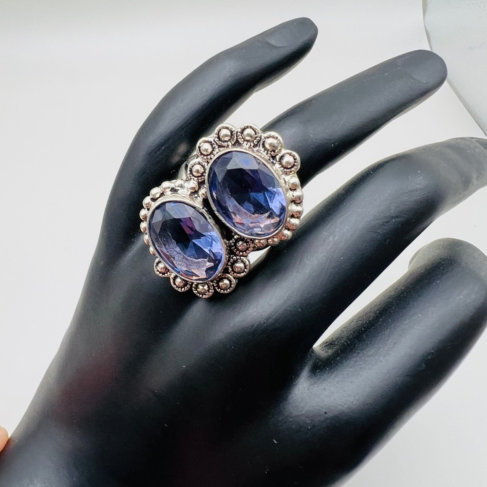 Artisan Silver Tone Ring‎ Cocktail Statement Size 9 Blue Purple Double Stone
